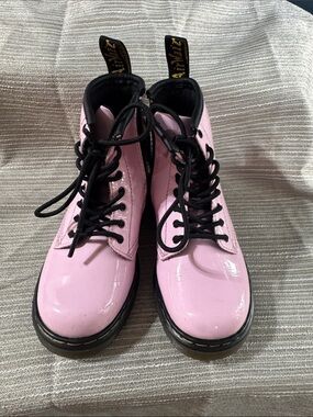 Dr. Martens Pink Patent Lace-Up Kids Boots with Black Trim
